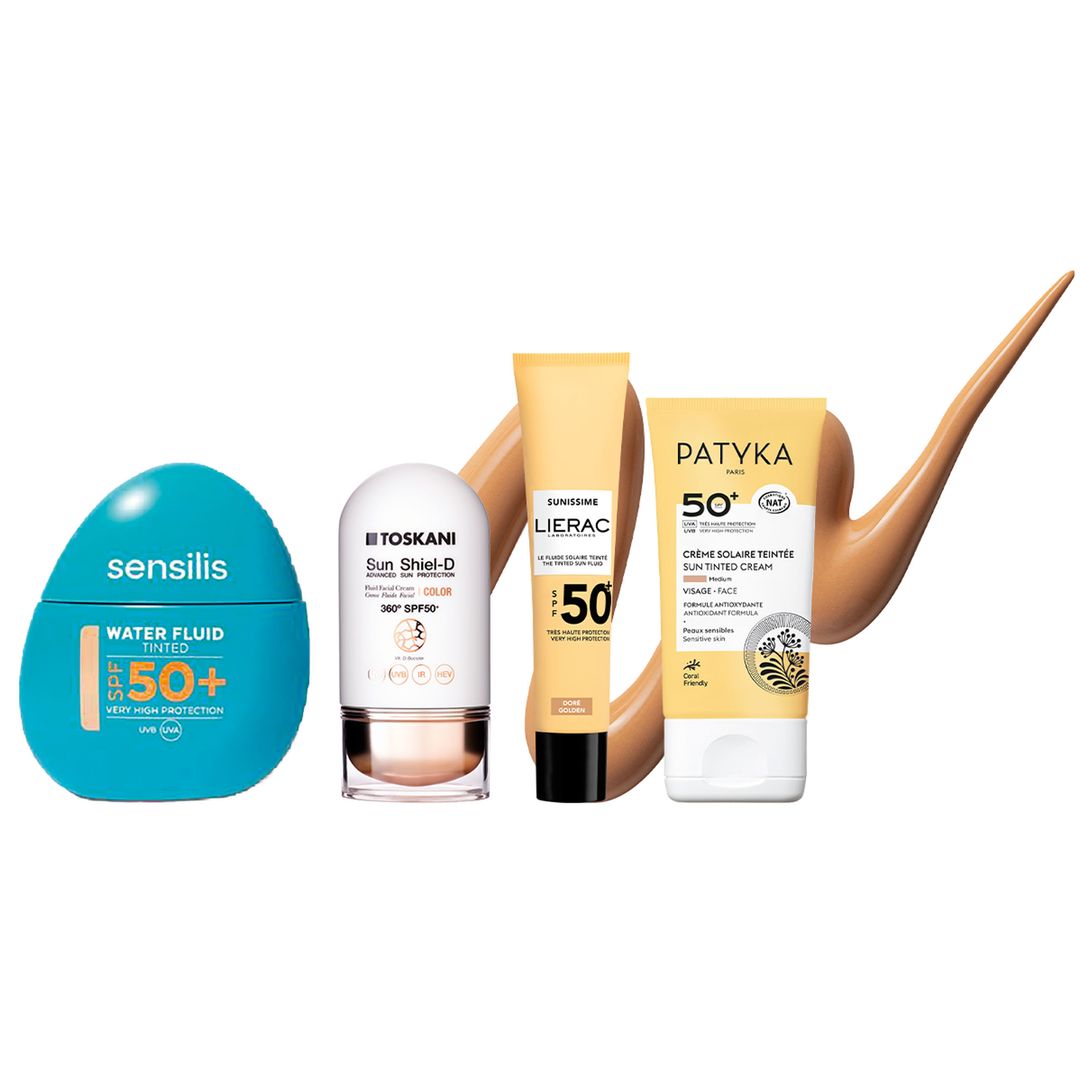 1. Ultraligero: Water Fluid Tinted SPF 50+ (28 €), de Sensilis. 2. Pro vitamina D: Sun Shiel-D Color SPF 50+ (49,90 €), de Toskani. 3. Cobertura natural: Sunissime Fluido Solar Color SPF 50+ (26,90 €), de Lierac. 4. Pieles sensibles: Crema Solar Facial con Color SPF 50+ (22 €), de Patyka