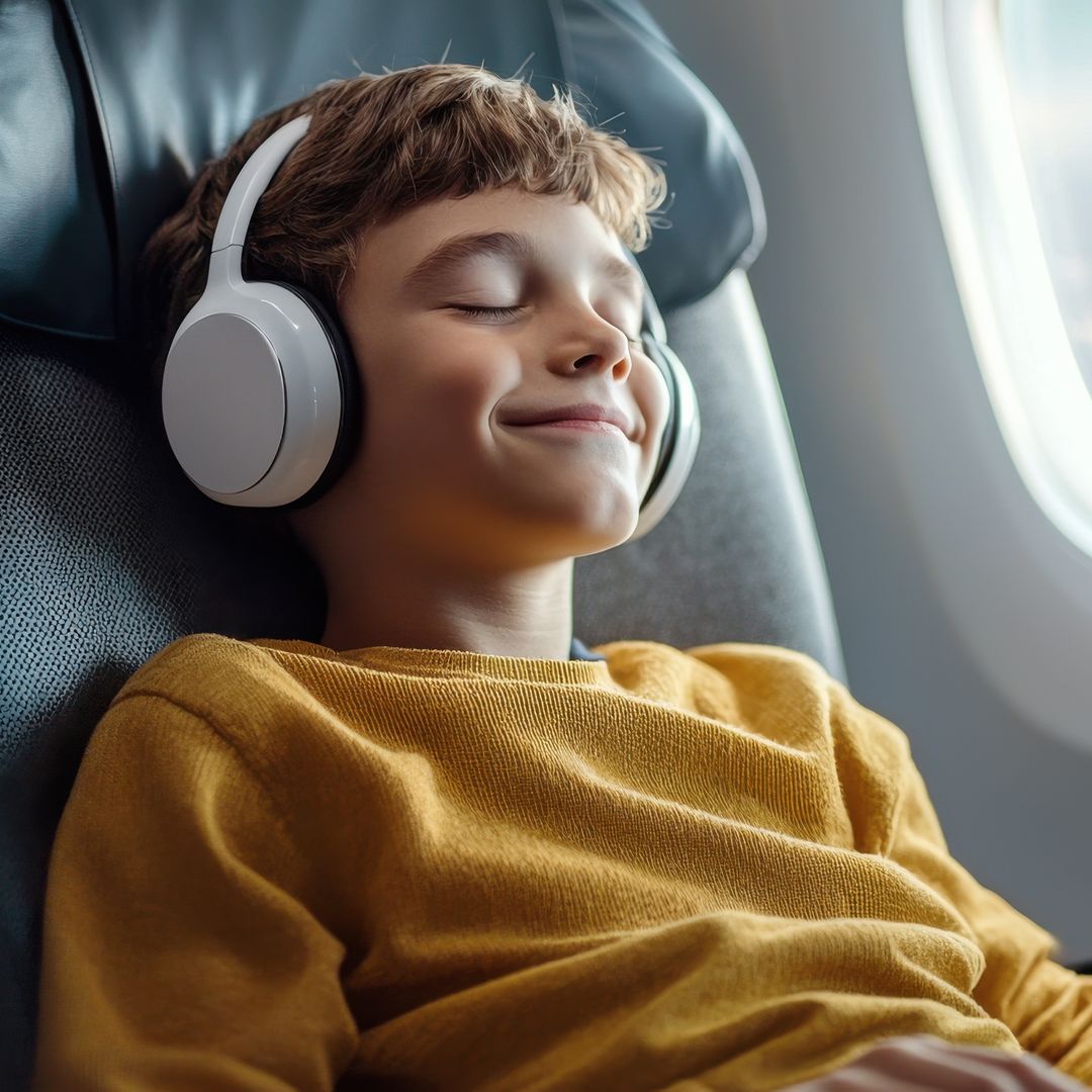 Niño volando en un avión con total tranquilidad mientras escucha música a través de sus cascos