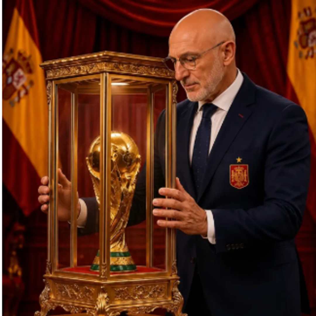 El entrenador Luis de la Fuente en una simulación con la copa del Mundial.