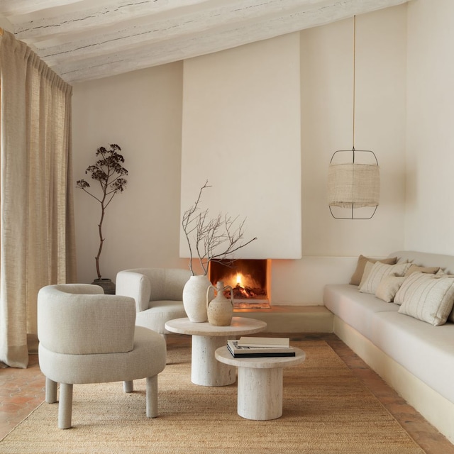 Salón blanco con chimenea, alfombra de fibras naturales, lámpara de techo y ventanal con el marco de madera