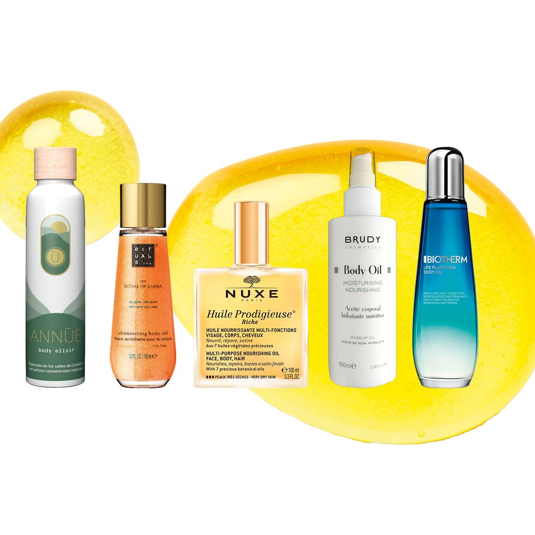 1. Activos naturales: Body Elixir (39,90 €), de Annue. 2. Iluminador: The Ritual of Karma Shimmering Body Oil (22,90 €), de Rituals. 3. Un clásico: Huile Prodigieuse Riche (41,90 €), de Nuxe.
4. Antiestrías: Aceite corporal hidratante nutritivo (35 €), de Brudy Cosmetics. 5. Multicorrector:
Life Plankton Body Oil (65 €), de Biotherm