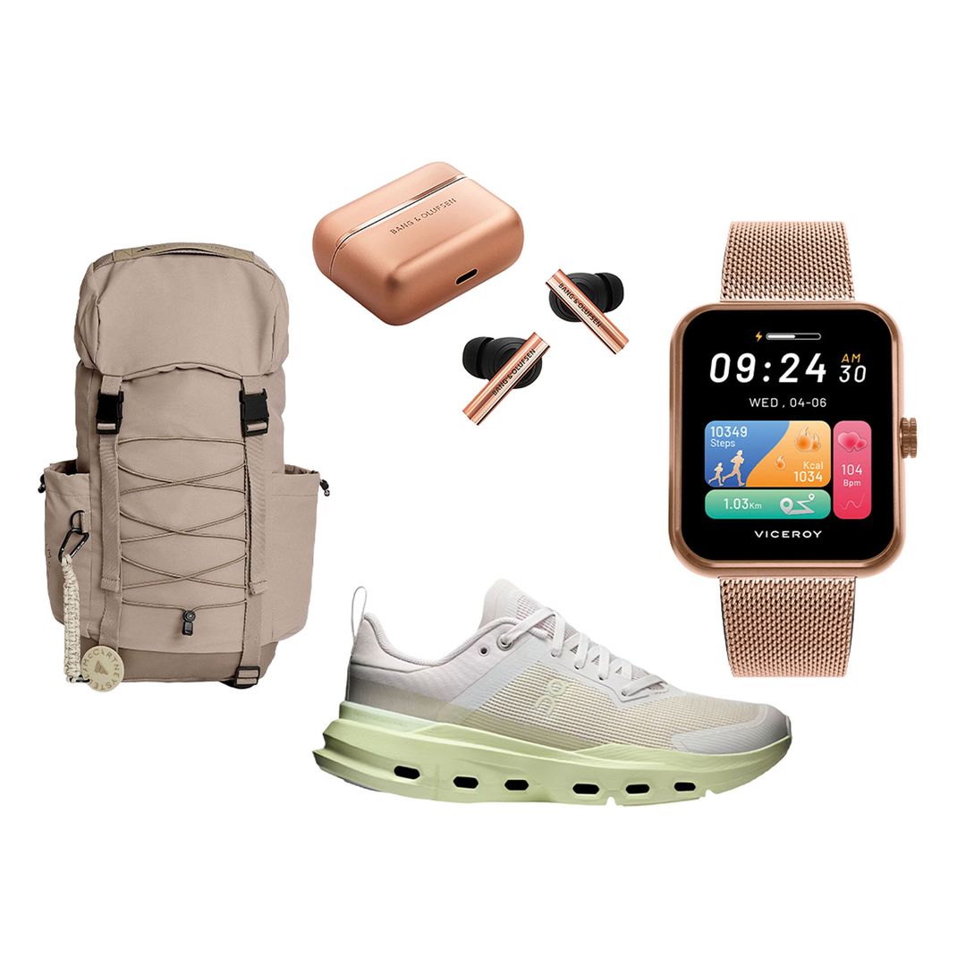 MOCHILA con panel trasero acolchado (180 €), de Adidas by Stella McCartney. AURICULARES inalámbricos con cancelación de ruido (1.200 €), de Bang & Olufsen. ZAPATILLAS Cloudpulse Next (140 €), de ON. RELOJ inteligente en aluminio rosado(169,90 €), de Viceroy