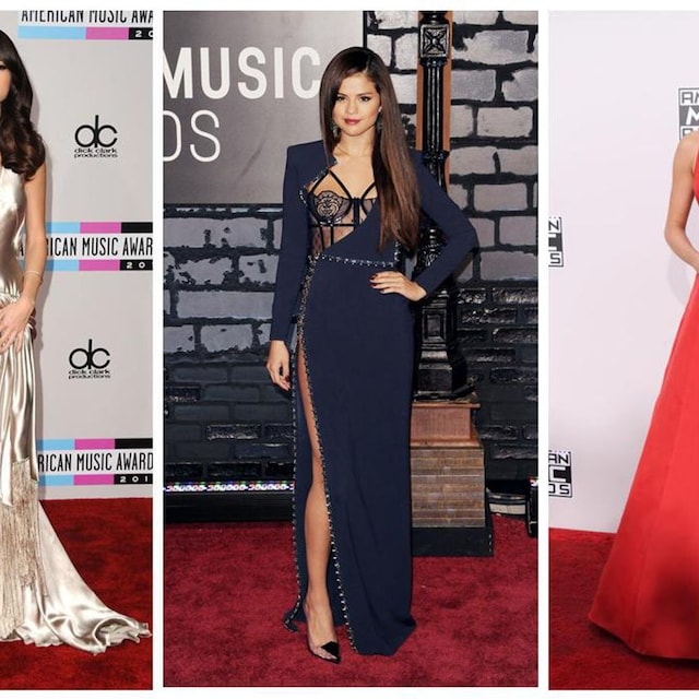 collage de selena gomez con vestidos dorado azul marino y rojo sobre la red carpet