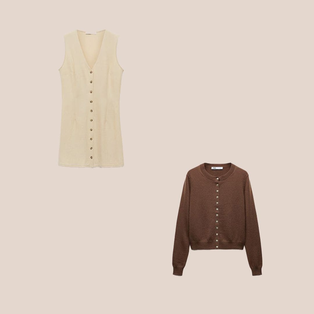 vestido beige con botones delanteros y chaqueta de chasmere marron