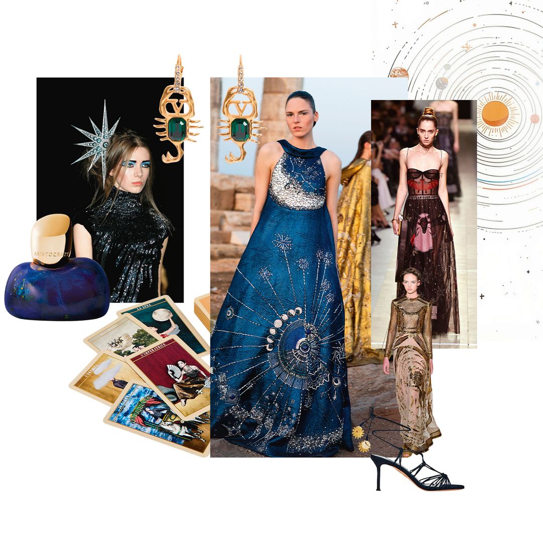 El cielo y el horóscopo, siempre en el 'moodboard' de las grandes marcas. De izquierda a derecha, Alexander McQueen (2007), Mary Katrantzou (2020), Dior (2017) y Valentino (2015)