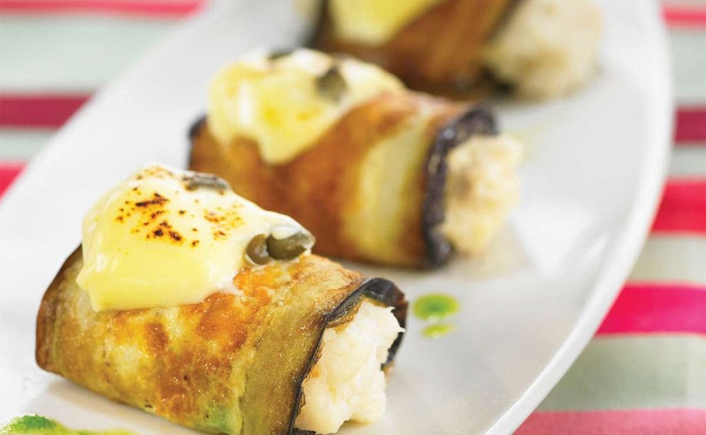 Canelones de berenjena con brandada fácil de bacalao