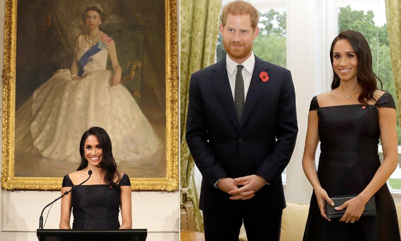 Meghan da su primer discurso femenista como Alteza Real y con el retrato de Isabel II de fondo