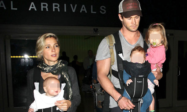 Una familia numerosa 'de cine': Elsa Pataky y Chris Hemsworth conquistan el aeropuerto con sus tres hijos