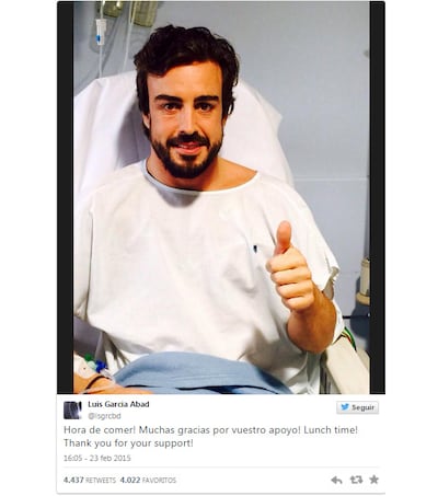 Fernando Alonso sigue recuperándose en el hospital: '¡Muchas gracias por vuestro apoyo!'