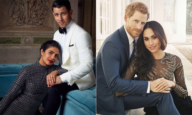 Los Duques de Sussex en la foto oficial de su compromiso y Priyanka Chopra y Nick Jonas