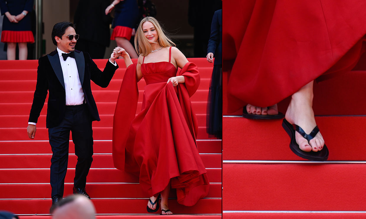 Jennifer Lawrence opta por las ¡chanclas! en Cannes para evitar sus míticos tropiezos