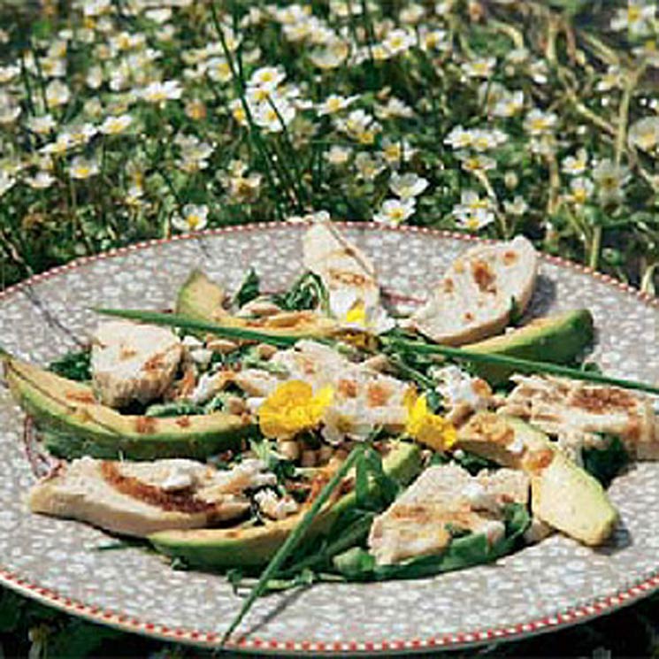 Ensalada de rúcula, pollo, aguacate y queso de cabra con cebollita crujiente y vinagreta de balsámico