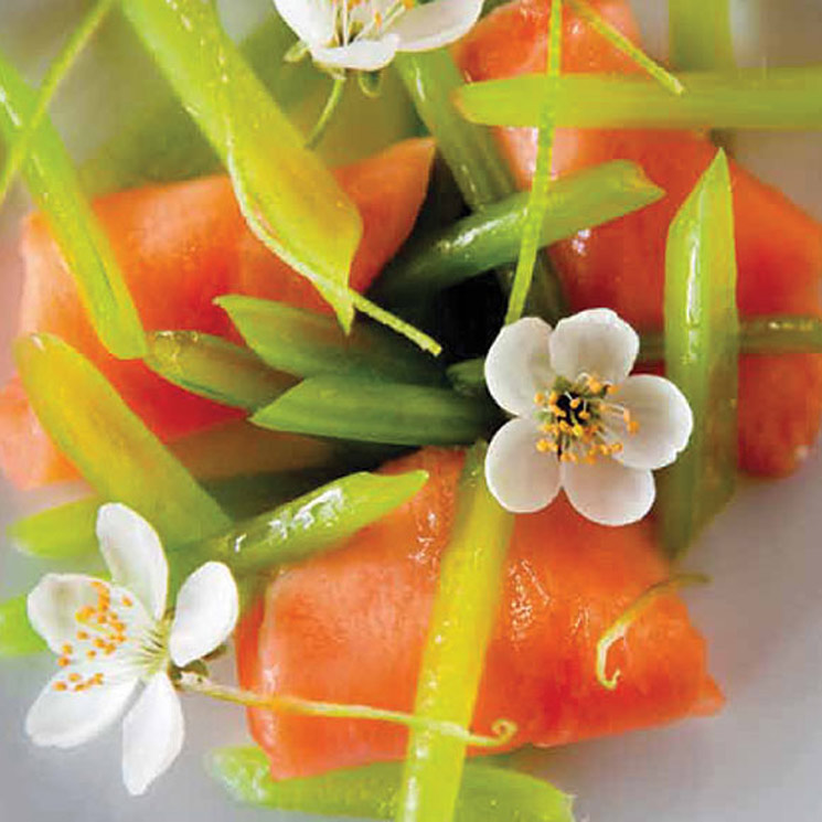 Jardín de borrajas con dados de salmón al ajo