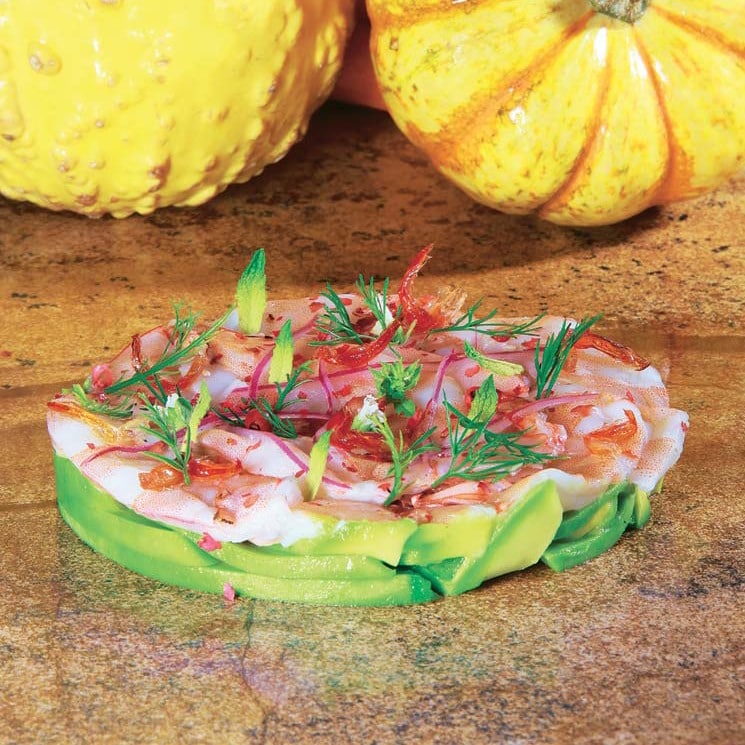 'Carpaccio' de langostinos con aguacate