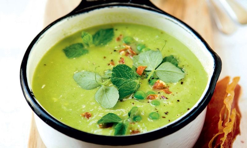 Crema de guisantes con berros