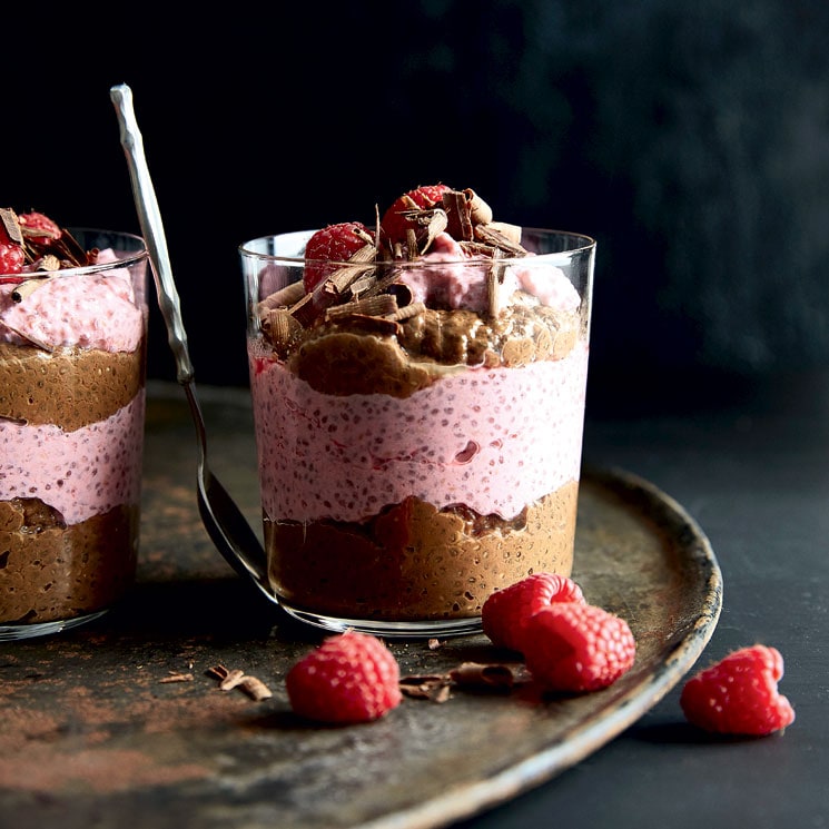 Mousse de chocolate, frambuesa y semillas de chía