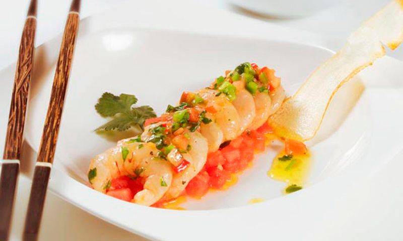 Ceviche de gambas y sandía