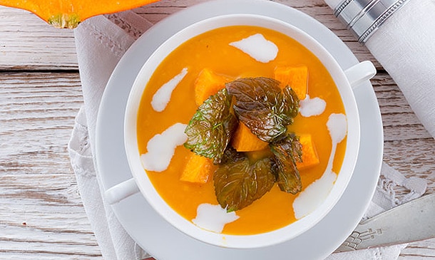 Calabaza en dos texturas con jengibre y leche de coco