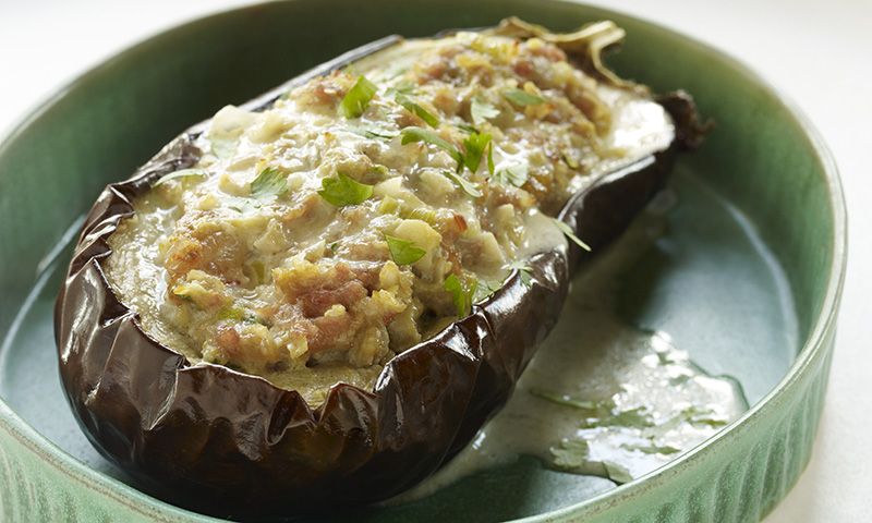 Berenjenas rellenas de mejillones y arroz