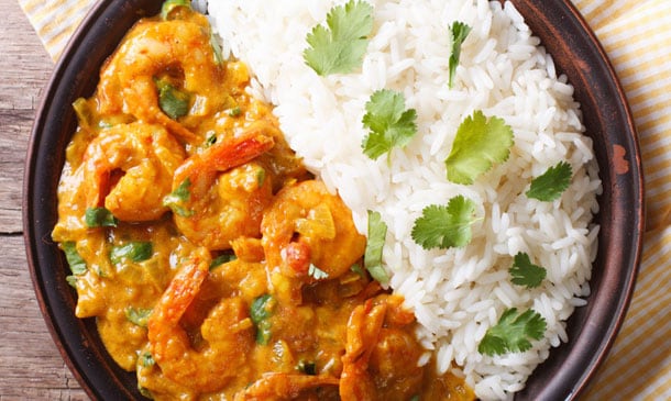 Gambas al curry con arroz Gambas al curry con arroz