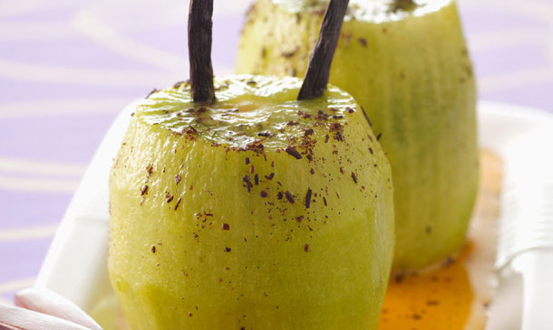 Kiwis confitados con sirope de vainilla y jengibre
