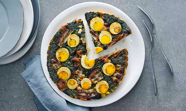 Quiche de acelgas, huevo de codorniz y beicon Quiche de acelgas, huevo de codorniz y beicon