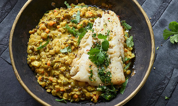 Bacalao con curry de lentejas Bacalao con curry de lentejas