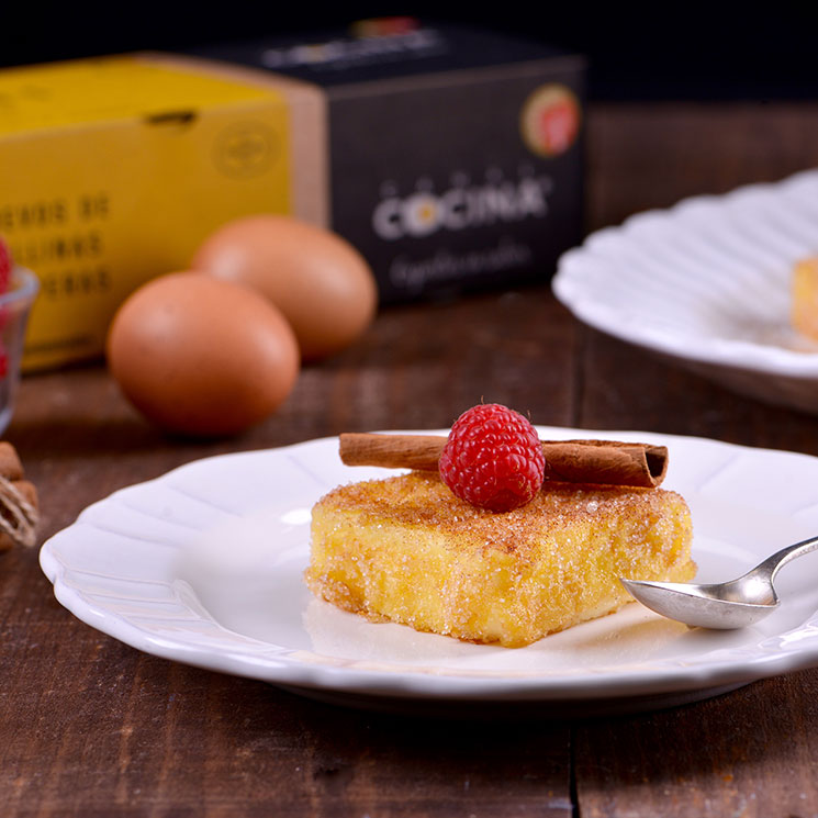 Leche frita con canela y frambuesas