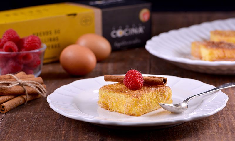 Leche frita con canela y frambuesas