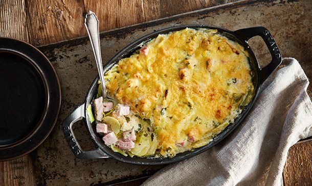 Gratinado de puerro, patata y pavo Gratinado de puerro, patata y pavo