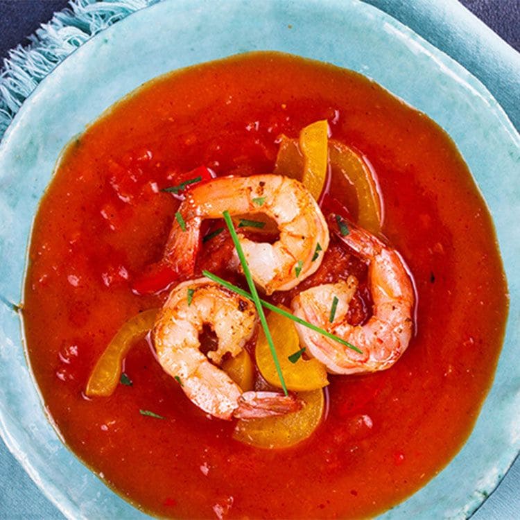 Salmorejo ligero con gamba roja Salmorejo ligero con gamba roja