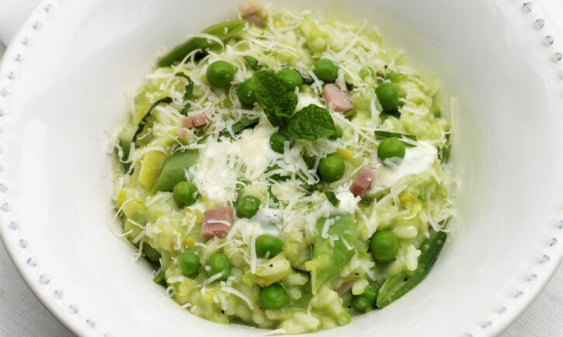 'Risotto' de guisantes, judías verdes y beicon