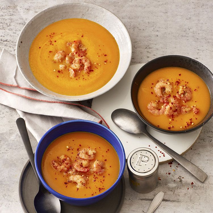 Crema de calabaza con gambas picantes Crema de calabaza con gambas picantes