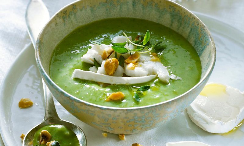 Crema de puerros con espinacas y queso de cabra