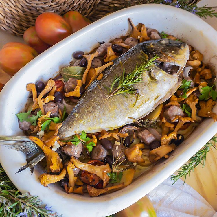 Dorada al horno con butifarra, setas y aceitunas Dorada al horno con butifarra, setas y aceitunas