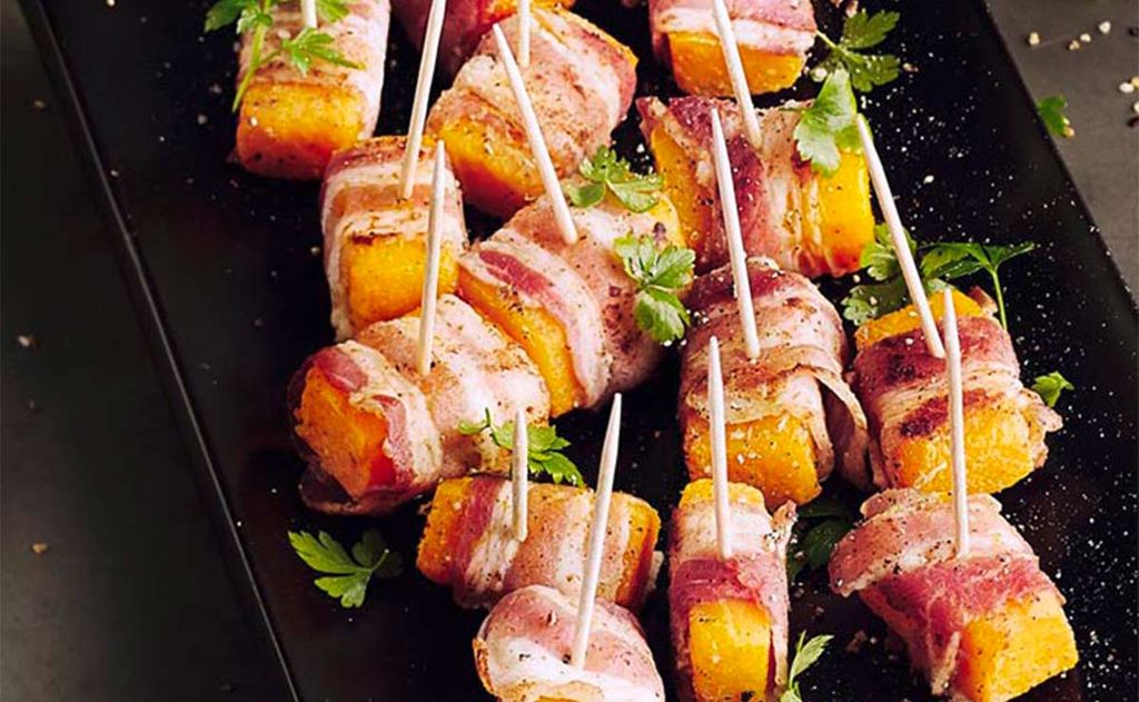 Brochetas de calabaza y panceta