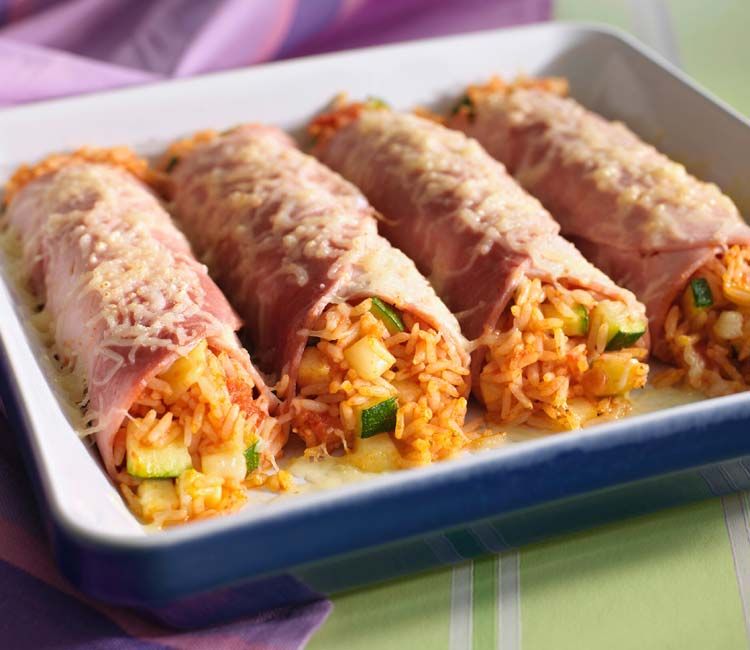Canelones de jamón rellenos de arroz con calabacín Canelones de jamón rellenos de arroz con calabacín