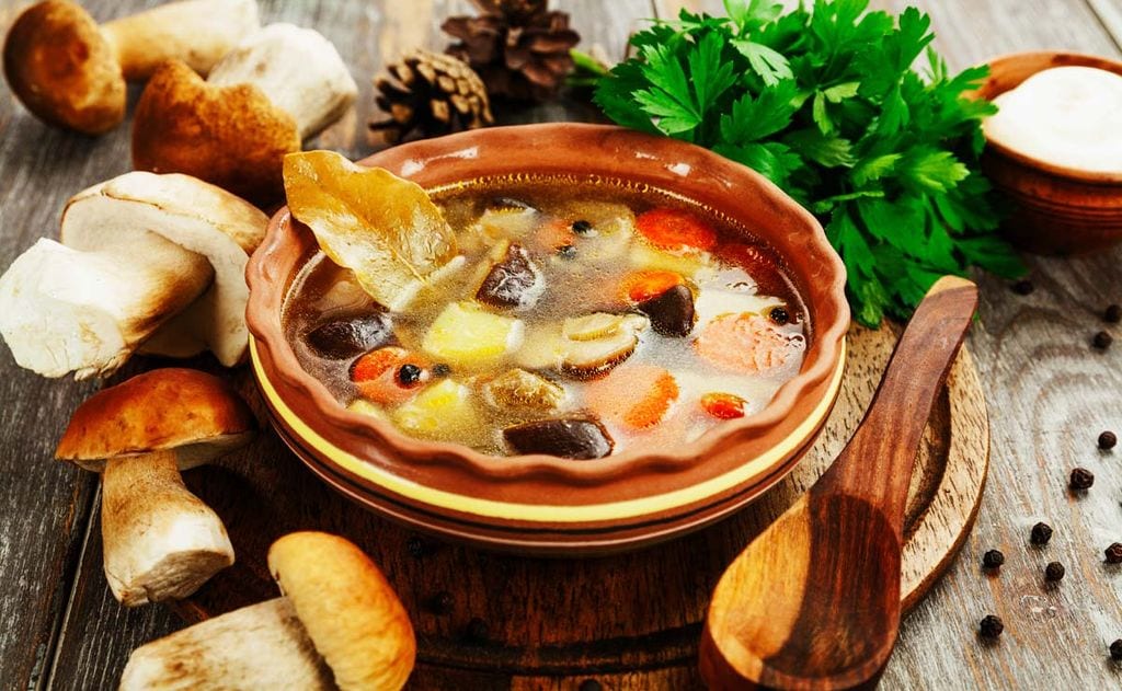 Sopa de verduras con boletus