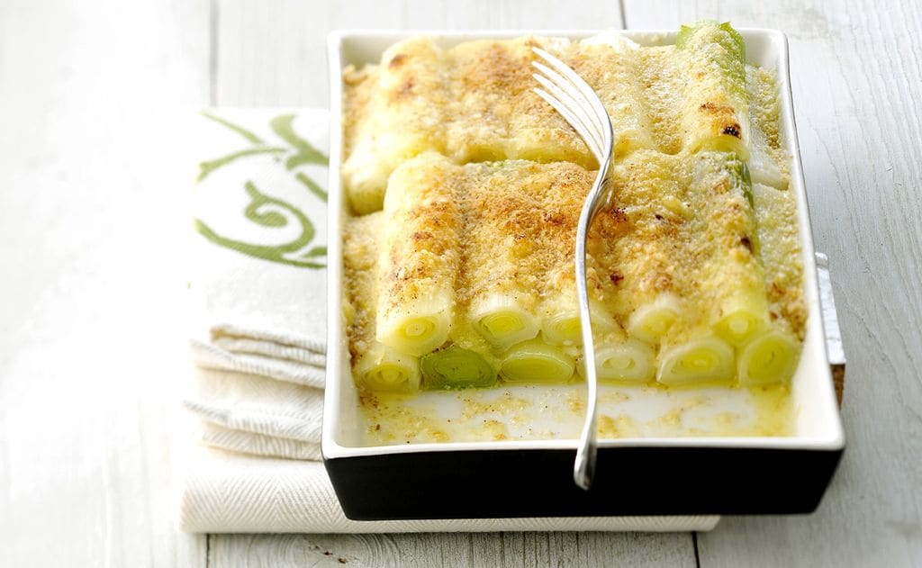 Gratinado de puerros con 'tahini' y queso