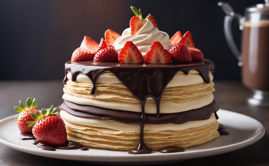 Tarta de crepes con crema de plátano, chocolate y fresas.