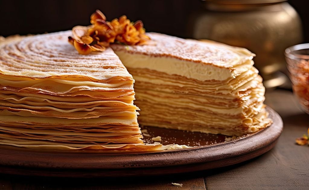 Tarta milhojas de crepes con crema pastelera y nata montada