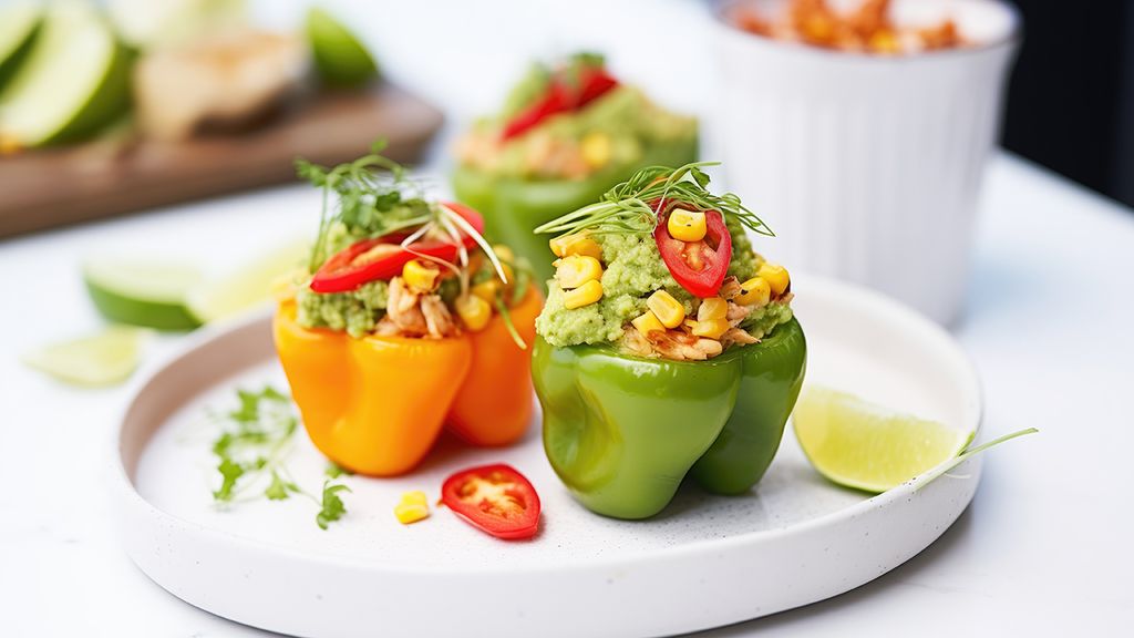 Pimientos rellenos de guacamole, cebolla cruijente y maíz