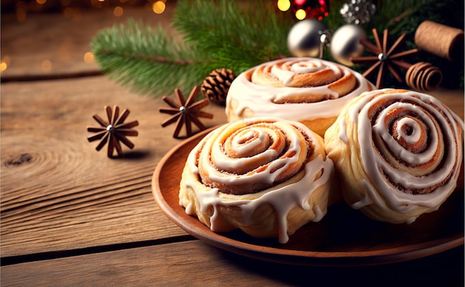 'Cinnamon rolls' en una mesa navideña
