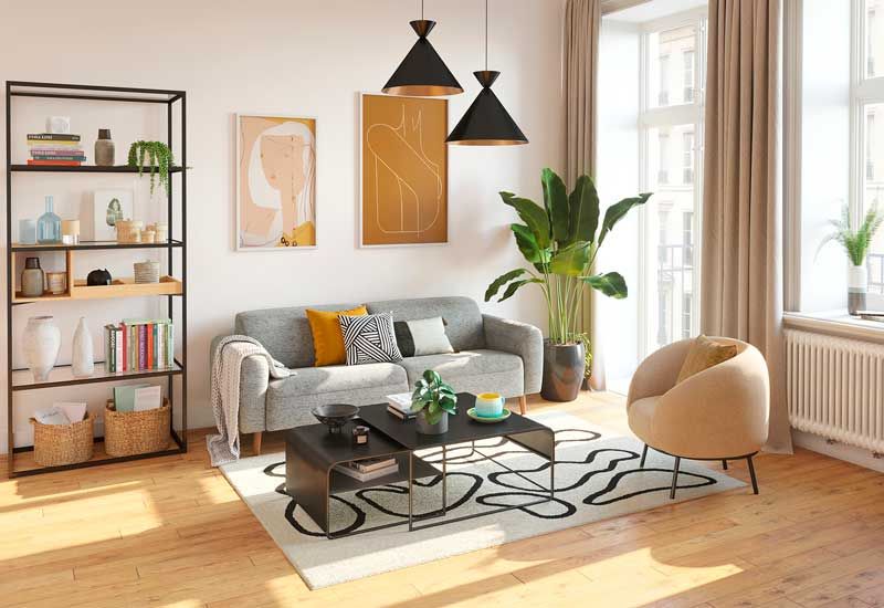 Salón con sofá gris, alfombra de estilo nórdico blanca y negra, estantería de hierro y lámparas de techo doradas y negras