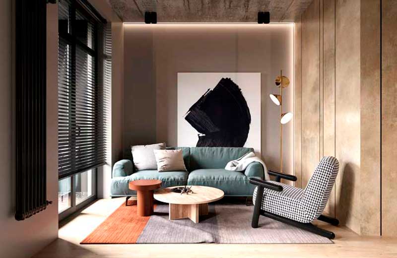 Salón decorado con muebles de líneas redondeadas