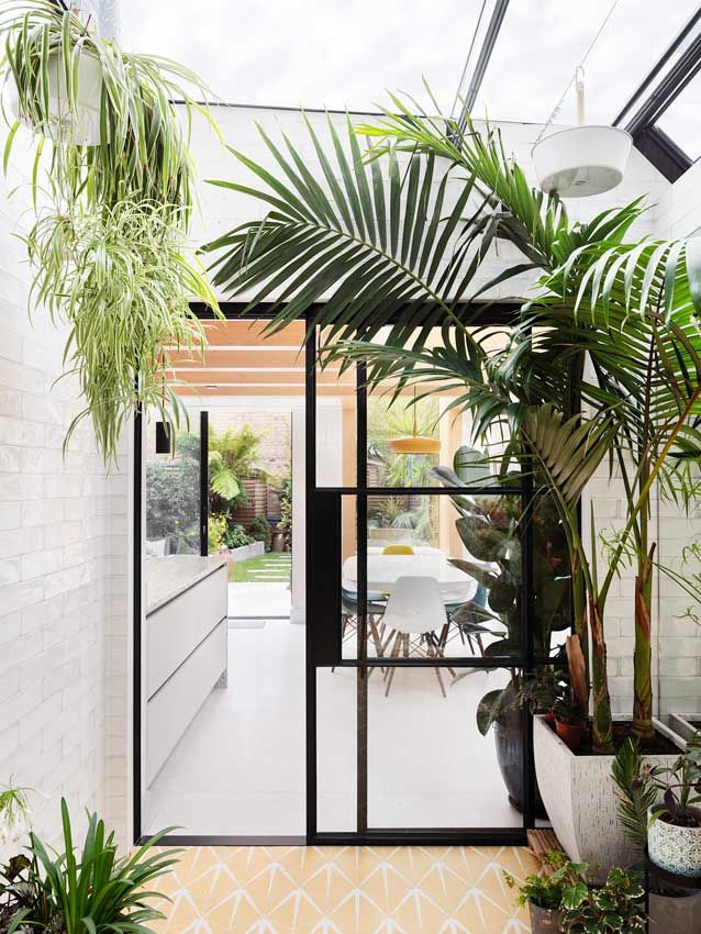 Garden room con plantas delante de acristalamiento