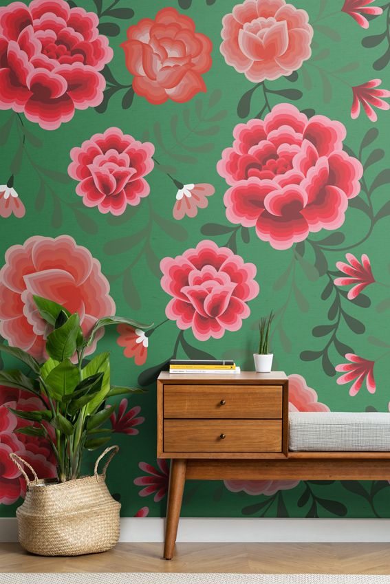 Vistoso papel pintado con un motivo de flores colorista y alegre