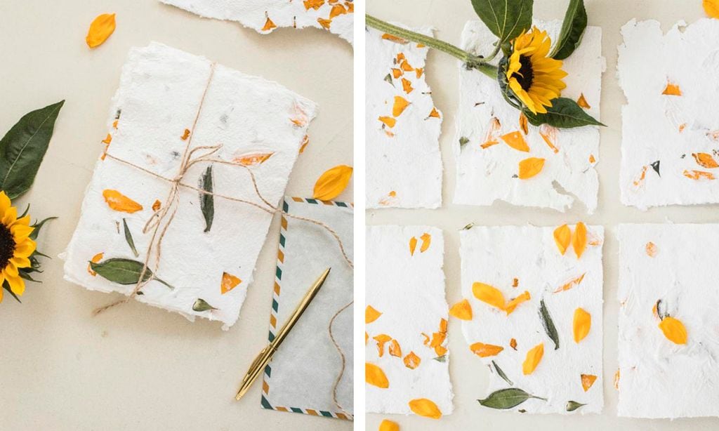 Así puedes hacer papel artesanal decorado con flores de girasol