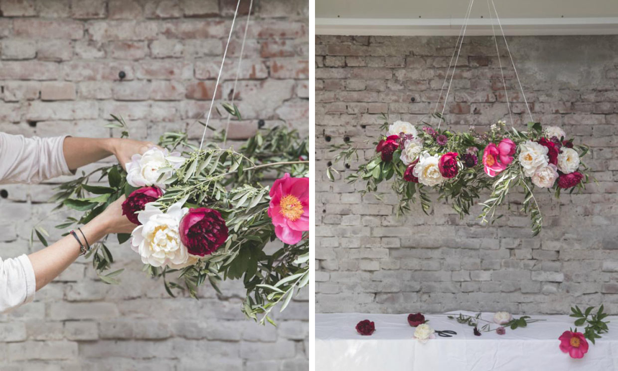 Haz un adorno colgante con flores para decorar una mesa de celebración