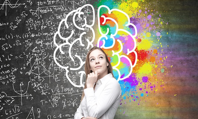 Mujer delante de una pizarra donde se representan las dos partes del cerebro: lógica y creativa